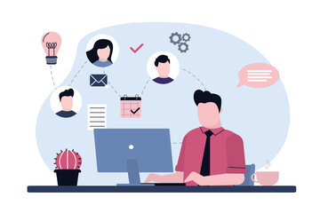 Cartoon man working and outsourcing on computer. Handsome guy video calling virtual team online. Idea of teamwork and project delegation