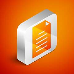 Poster - Isometric File document icon isolated on orange background. Checklist icon. Business concept. Silver square button. Vector