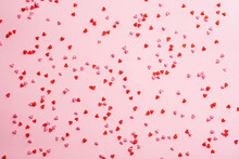 Candy Confetti Pattern On Pink Background. Happy Valentines Day Concept.