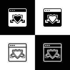 Poster - Set Browser with shield icon isolated on black and white background. Security, safety, protection, privacy concept. Vector