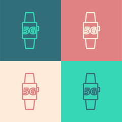 Aufkleber - Pop art line Smart watch 5G new wireless internet wifi icon isolated on color background. Global network high speed connection data rate technology. Vector