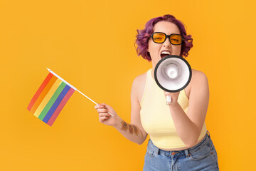 Poster - Young woman with LGBT flag and megaphone on yellow background