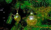 Two Christmas Ball On Fir Branches High Quality Photo