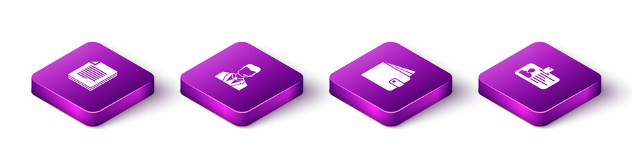 Poster - Set Isometric Document, Man with a headset, Wallet and Identification badge icon. Vector