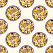 Biscuit bones for dog feed in a bowl repeat seamless pattern on light background. Healthy dry pet food.