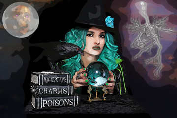 Witch With Crystal Ball and Spell Books