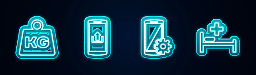 Set line Weight, Smartphone with upload, Setting smartphone and Hospital bed. Glowing neon icon. Vector