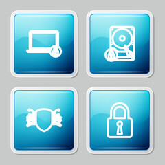 Poster - Set line Laptop and lock, Hard disk drive, Cyber security and Lock icon. Vector