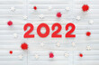 Red felt year numbers 2022 on light blue medical masks background. Wooden white snowflakes and red pompons around as coronavirus molecule. Another coming new year of the Covid-19 pandemic results.