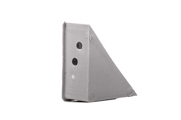 Plastic corner joint for pvc mosquito net door frame mounting. Closeup macro shot against white background..