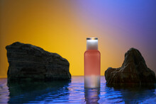  Cosmetic Bottle On Pink Tinted Glass Podium With Water Ripple Surface.