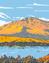 WPA Poster Art Of Fallen Leaf Lake During Fall In El Dorado County, California Near California Nevada State Border South West Of Lake Tahoe, United States Done In Works Project Administration Style.