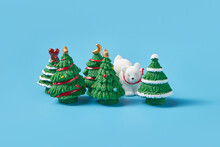 White Ceramic Bear And Christmas Trees