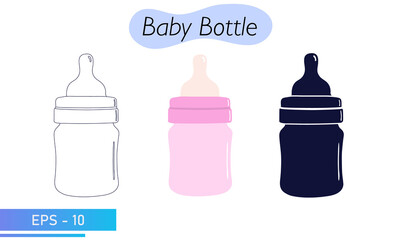 Baby bottle. In color, lines and solid fill. Feeding a newborn baby with a mixture or milk. Child care items. Icons. Vector illustration.