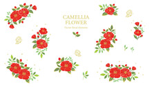 Red Camellia Flowers Illustration Set, Vector Floral Elements.