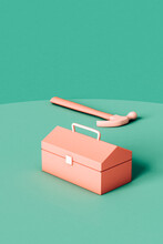 Pink Toolbox And Hammer. Under Construction Concept.