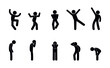sad and cheerful people icons set, stick figure people rejoice and suffer, poses of fun and depression