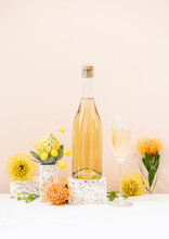 Champagne Bottle Still Life With Flowers