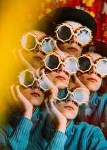 Expressive Portrait Of A Girl In Vintage Sunglasses, Optical Illusion, Kaleidoscope.