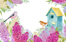 Postcard With Lilacs , A Birdhouse And Birds .watercolor Hand Painting
