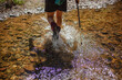 © Amos Chapple/Stocksy - A hiker splashes through a shallow stream
