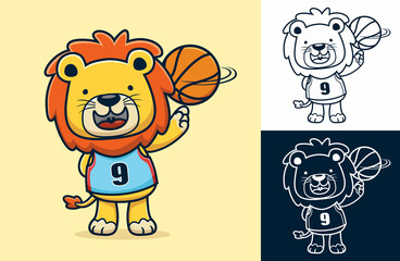 Wall Mural - Cute lion basketball player cartoon with the ball