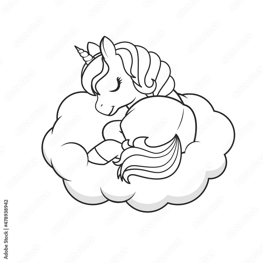 Cute unicorn sleeping on the cloud. Coloring book page. Vector ...