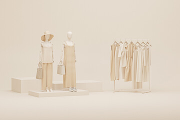 Wall Mural - Clothes on grunge background, shelf on cream background. Collection of mannequin with clothes hanging on a rack in neutral beige colors. 3d rendering, store and bedroom concept	