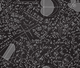 Wall Mural - Scientific math vector seamless background with handwritten shuffled figures, plots and formulas, grey blackboard class handwritings