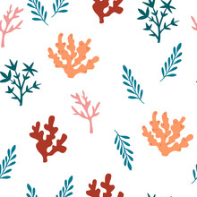 Seaweed Seamless Pattern. Underwater Algae, Corals Background. Marine Life. Great For Fabric, Textile. Vector Cartoon Illustration