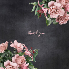 Wall Mural - Floral card with copy space. Pink roses and lily on dark textured grange background. Bouquet of garden flowers.
