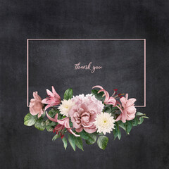 Wall Mural - Floral card with copy space. Pink roses, lily and hydrangea on dark textured grange background. Bouquet of garden flowers.