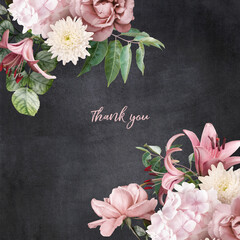 Wall Mural - Floral card with copy space. Pink roses, lily and hydrangea on dark textured grange background. Bouquet of garden flowers.