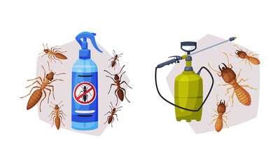 Sticker - Pest Control with Chemical in Bottle and Ants Vector Set