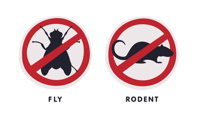 Poster - Fly and Rodent Red Warning or Prohibition Sign with Cross Line Vector Set