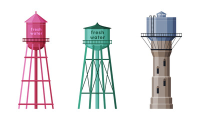 Elevated Water Tower with Tank as Water Supply Storage Vector Set