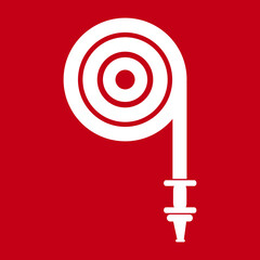 Fire hose reel icon. White sign on the red background. Graphic pictograms. Exclusive symbols..eps