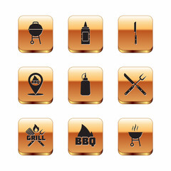 Poster - Set Barbecue grill, Crossed fork and spatula, fire flame, Mustard bottle, Location with barbecue, knife, and icon. Vector