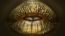 Golden Lipstick Closeup. Lips With Metal Makeup. Sexy Lips, Metallic Lipstick Close Up. Art Design Make Up.