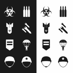 Sticker - Set Rocket, Biohazard bomb, symbol, Bullet, Chevron, Parachute, Military helmet and icon. Vector