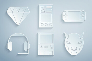 Poster - Set Retro arcade game machine, Portable video console, Headphones, Mask of the devil with horns, Create account screen and Diamond icon. Vector