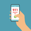 Flat design illustration of male hand holding smartphone. Emergency call to the phone number 911, vector