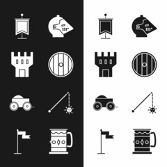 Canvas Print - Set Round wooden shield, Castle tower, Medieval flag, iron helmet, Wooden four-wheel cart, chained mace ball, mug and icon. Vector