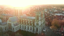 Drone Paralax Around Iconic York Minster Cathedral On Bright Morning Sunrise