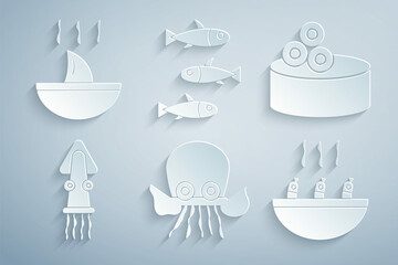 Set Octopus, Tin can with caviar, Soup shrimps, Fishes and Shark fin soup icon. Vector