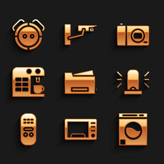 Sticker - Set Printer, Microwave oven, Washer, Flasher siren, Remote control, Coffee machine, Photo camera and Robot vacuum cleaner icon. Vector