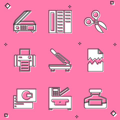 Wall Mural - Set Scanner, Brochure, Scissors, Printer, Paper cutter, Torn document, Business card and Copy machine icon. Vector