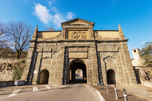 Ancient Gate Of San Agostino (Saint Augustine) And The Surrounding Walls (1561). Bergamo Old Town With The Statue Of The Winged Lion Of Saint Mark, UNESCO World Heritage Site, Lombardy, Italy, Europe.