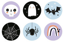 Cute Hand Drawn Halloween Round Shape Stickers. White Ghosts And Cobweb On A Black Background. Halloween Candybar Decoration Set.White Funny Skull, Rainbow On A Violet.Spider And Bat On A Pastel Blue.