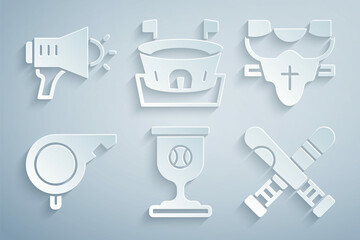 set award cup with baseball ball, player chest protector, whistle, crossed bat, baseball arena and m